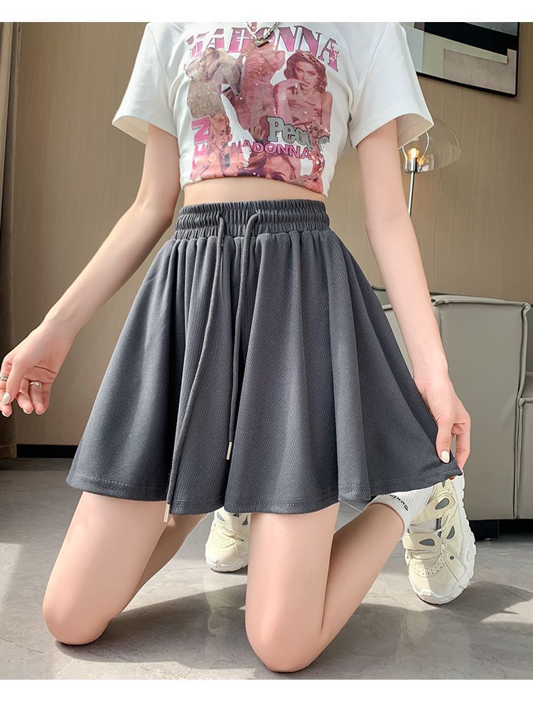 Drawstring Waist Plain Shorts Wide Leg