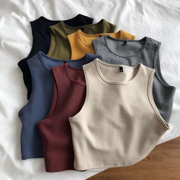 Crop Tank Plain Neck Crew Top