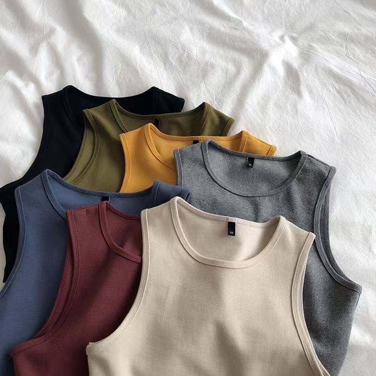 Crop Tank Plain Neck Crew Top