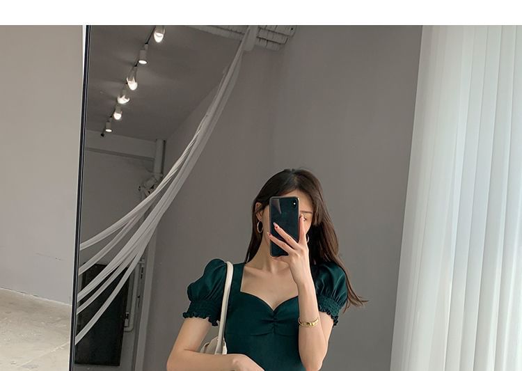 Slit Sweetheart A-Line Sleeve Midi Puff Neck Dress Plain