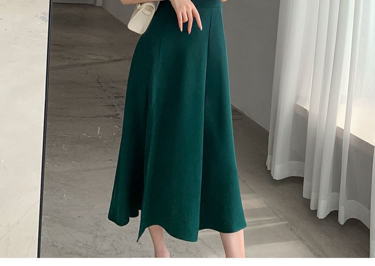 Slit Sweetheart A-Line Sleeve Midi Puff Neck Dress Plain