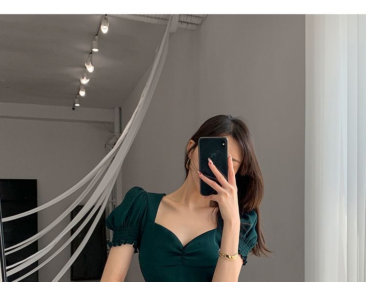 Slit Sweetheart A-Line Sleeve Midi Puff Neck Dress Plain