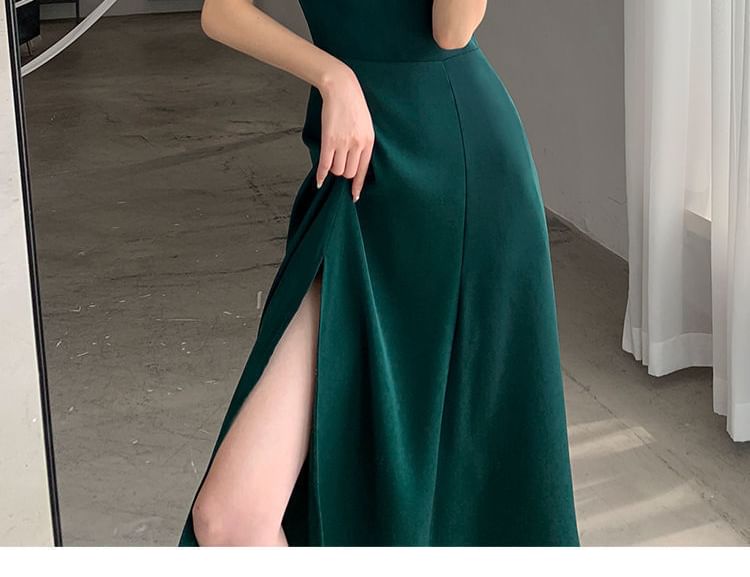 Slit Sweetheart A-Line Sleeve Midi Puff Neck Dress Plain