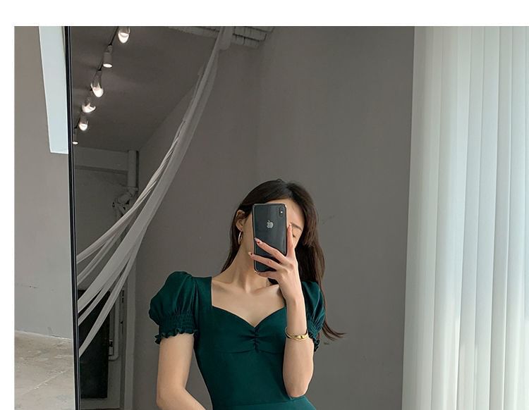 Slit Sweetheart A-Line Sleeve Midi Puff Neck Dress Plain