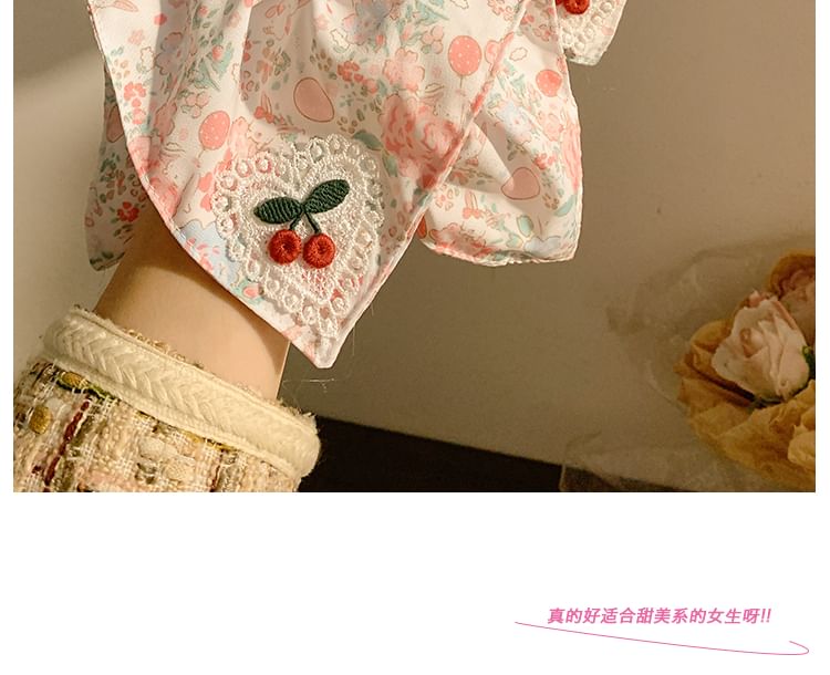 Floral Cherry Scrunchie Square Print Applique