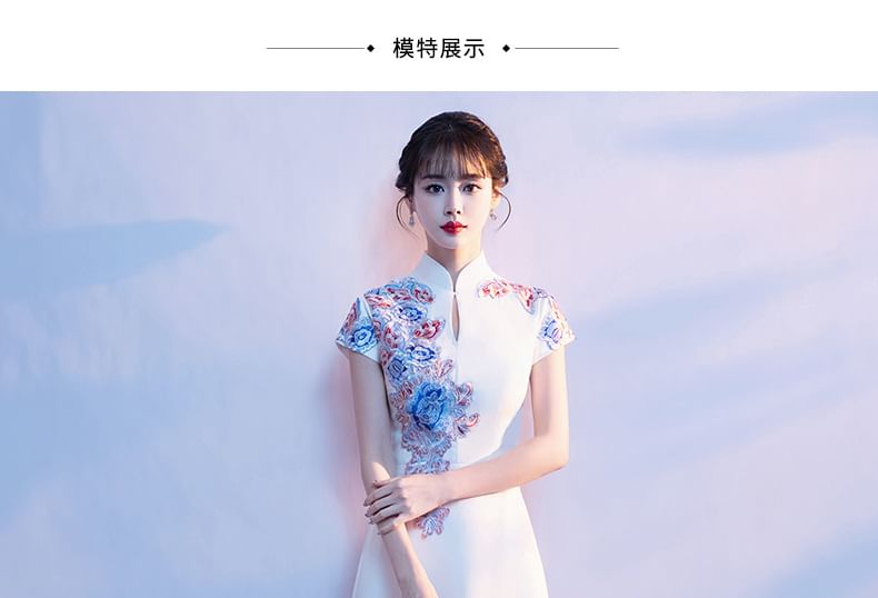 Short-Sleeve Stand Collar Floral Embroidered A-Line Evening Gown