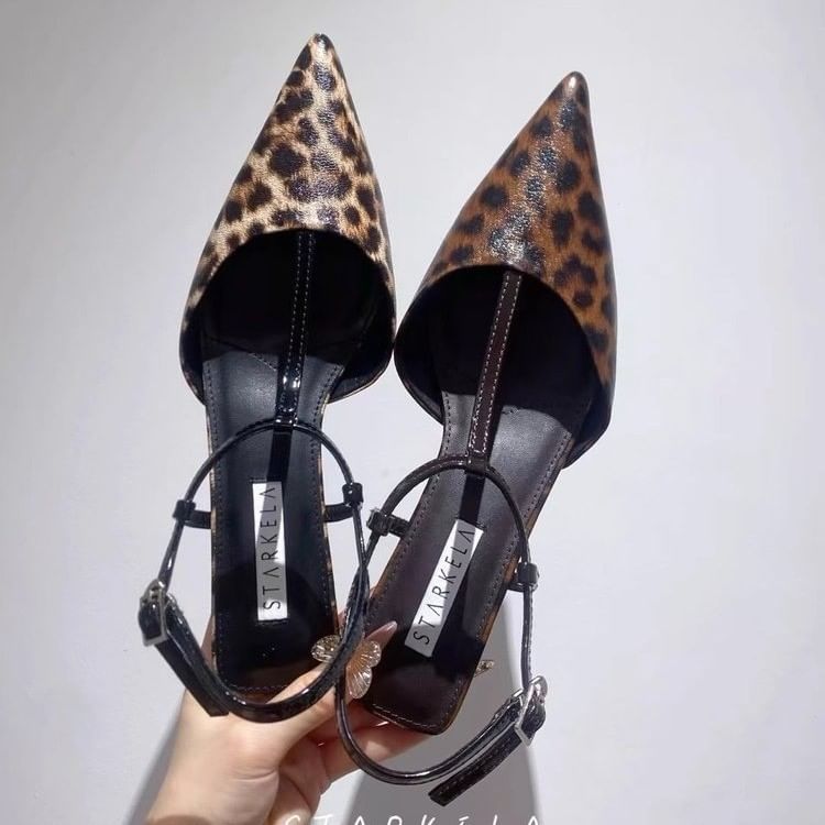 Toe Print Leopard Slingback Pointed Sandals