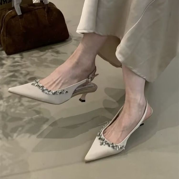 Toe Stiletto Slingback Heel Pointed Rhinestone Pumps