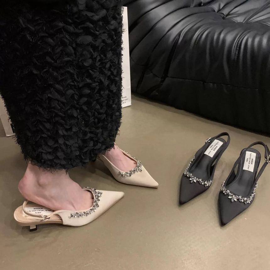 Toe Stiletto Slingback Heel Pointed Rhinestone Pumps