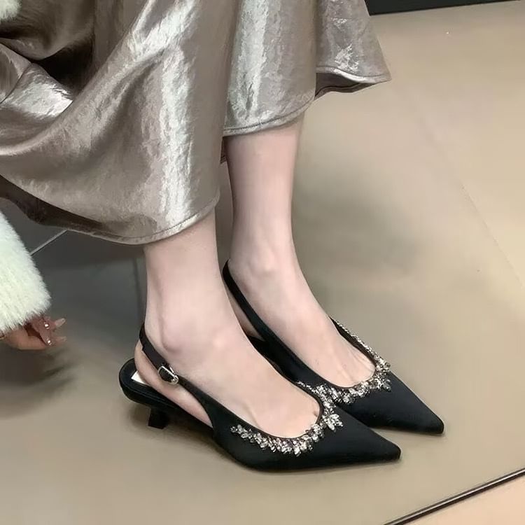 Toe Stiletto Slingback Heel Pointed Rhinestone Pumps