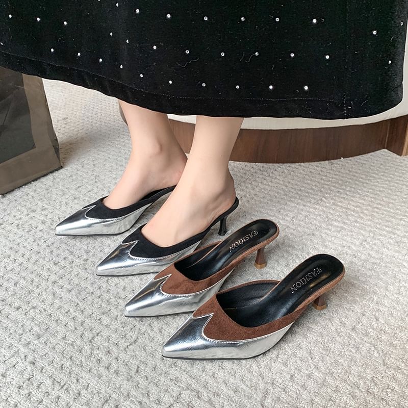 Heel Tone Pointed Stiletto Mules Two Toe