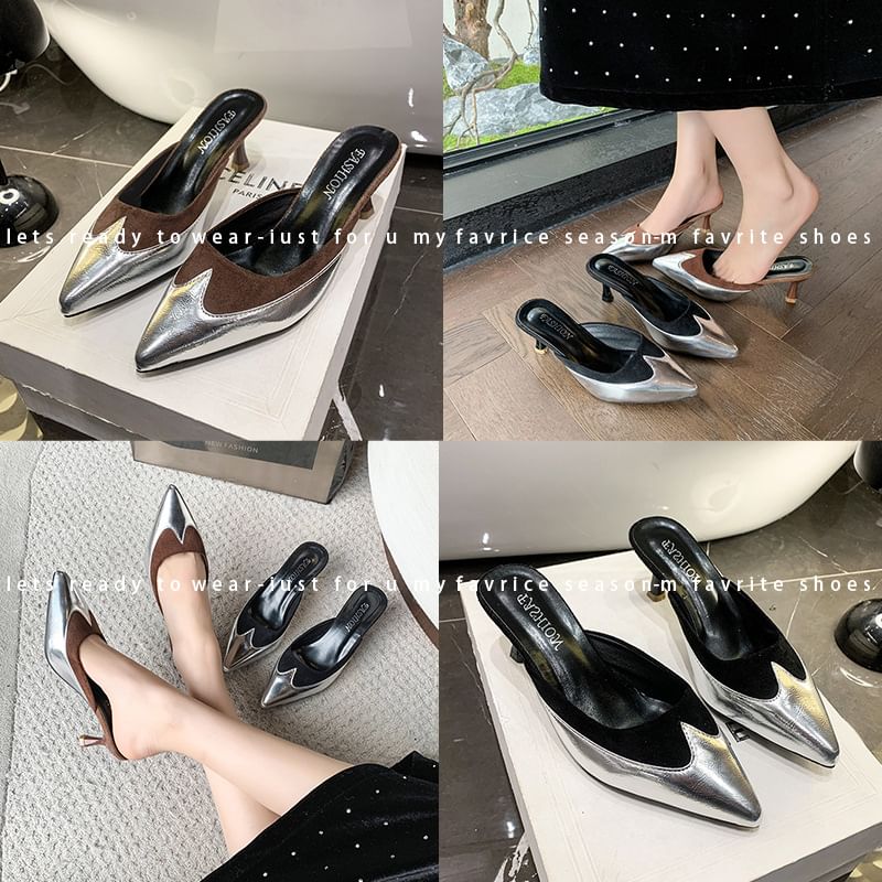 Heel Tone Pointed Stiletto Mules Two Toe
