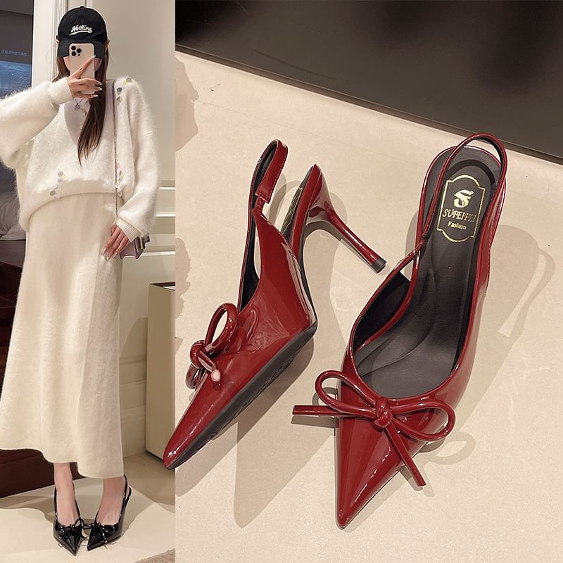 Stiletto Sandals Bow Pointed Slingback Toe Heel