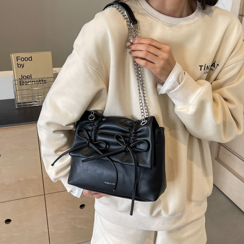 Chain Strap Bow Shoulder Faux Leather Bag