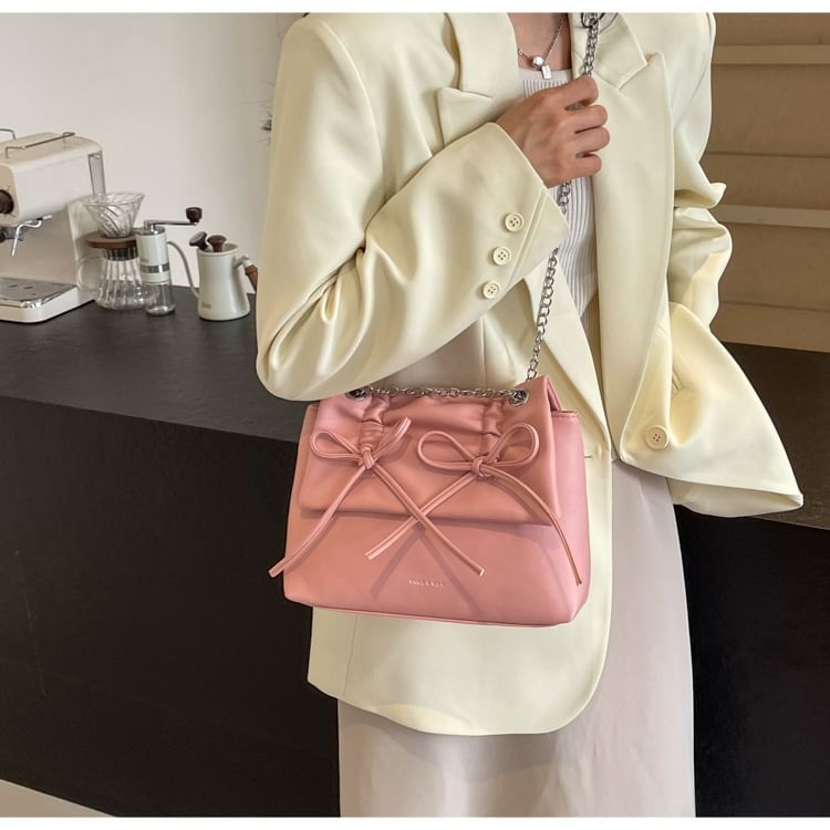 Chain Strap Bow Shoulder Faux Leather Bag