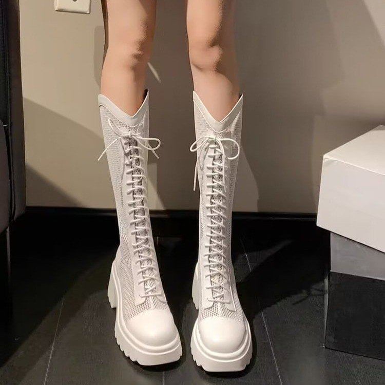 Heel Platform Lace-Up Tall Mesh Boots Panel Chunky