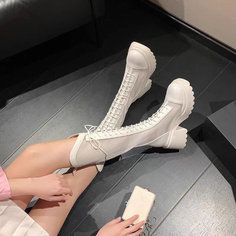 Heel Platform Lace-Up Tall Mesh Boots Panel Chunky