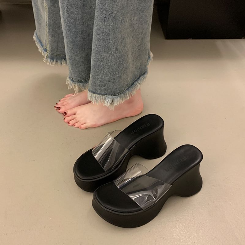 Panel PVC Platform Sandals Slide Heel Wedge