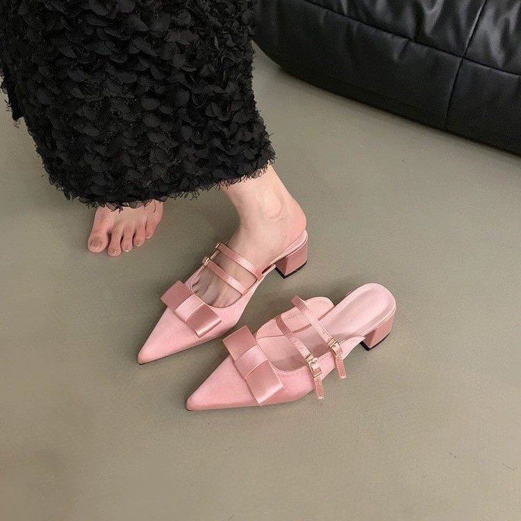 Chunky Jane Toe Mules Mary Pointed Heel Bow
