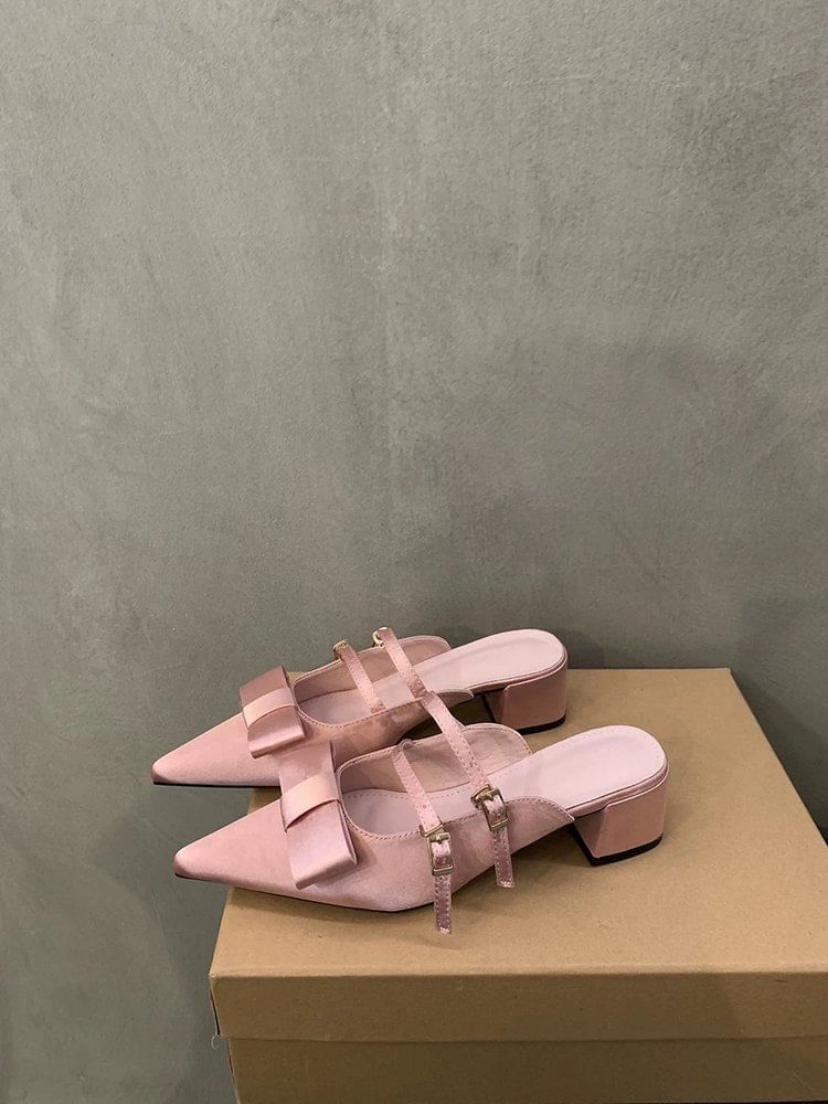 Chunky Jane Toe Mules Mary Pointed Heel Bow
