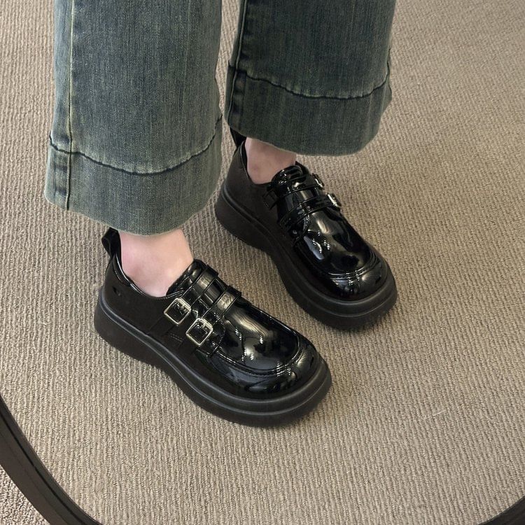 Buckled Faux Platform Loafers Leather