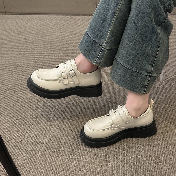 Buckled Faux Platform Loafers Leather
