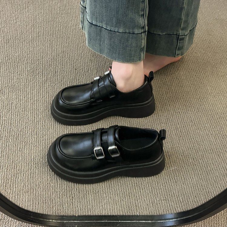 Buckled Faux Platform Loafers Leather