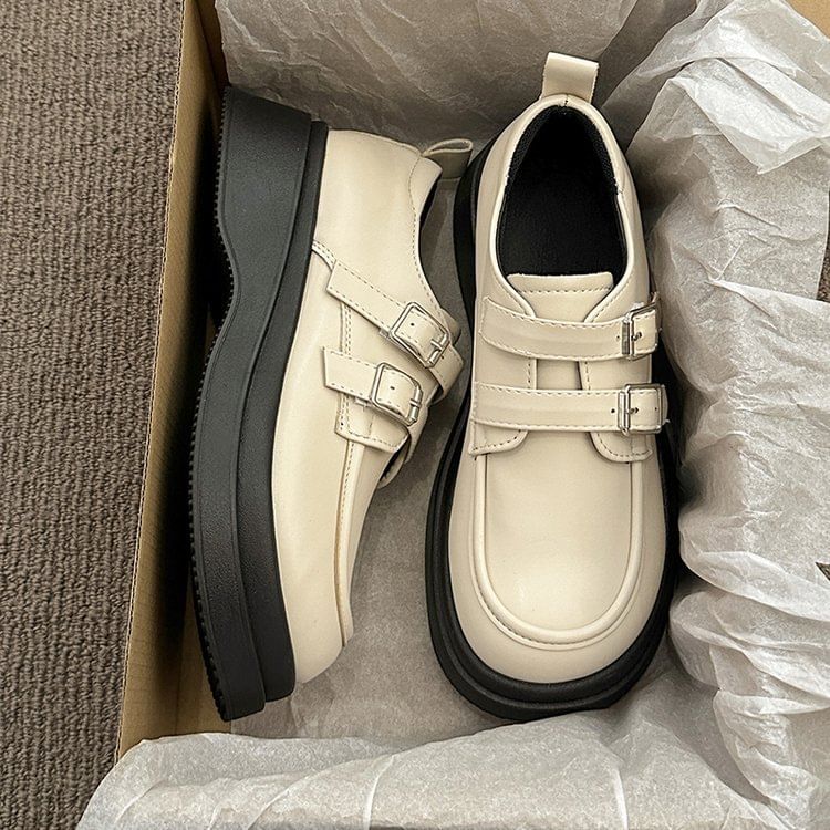 Buckled Faux Platform Loafers Leather