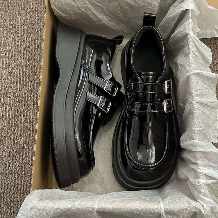 Buckled Faux Platform Loafers Leather