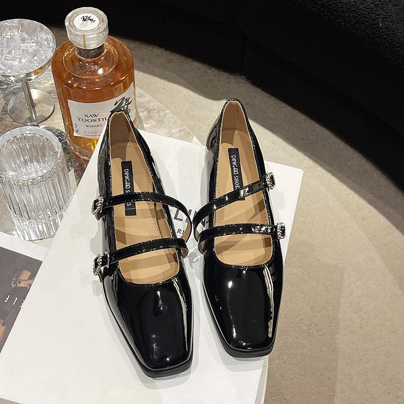 Sandals Double Low Strap Heel Square-Toe