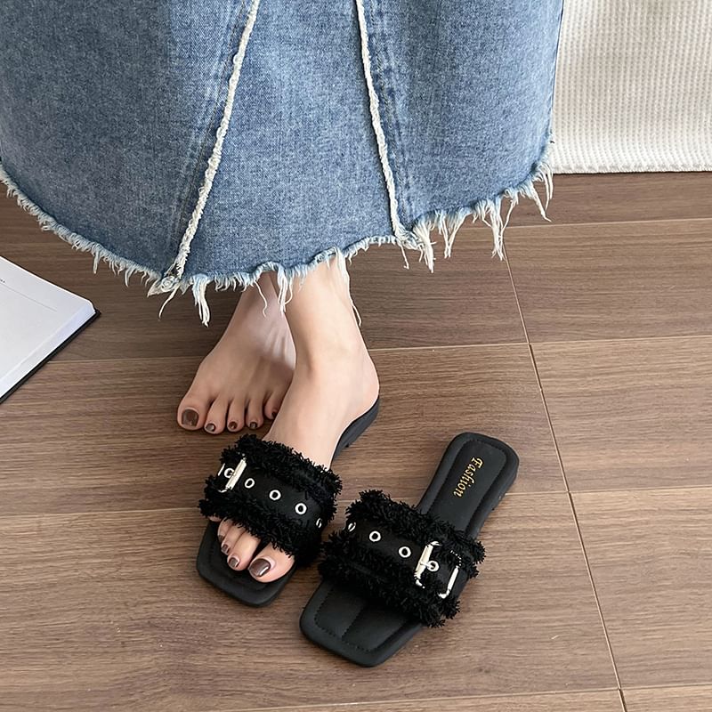 Slide Tasseled Square-Toe Buckled Sandals