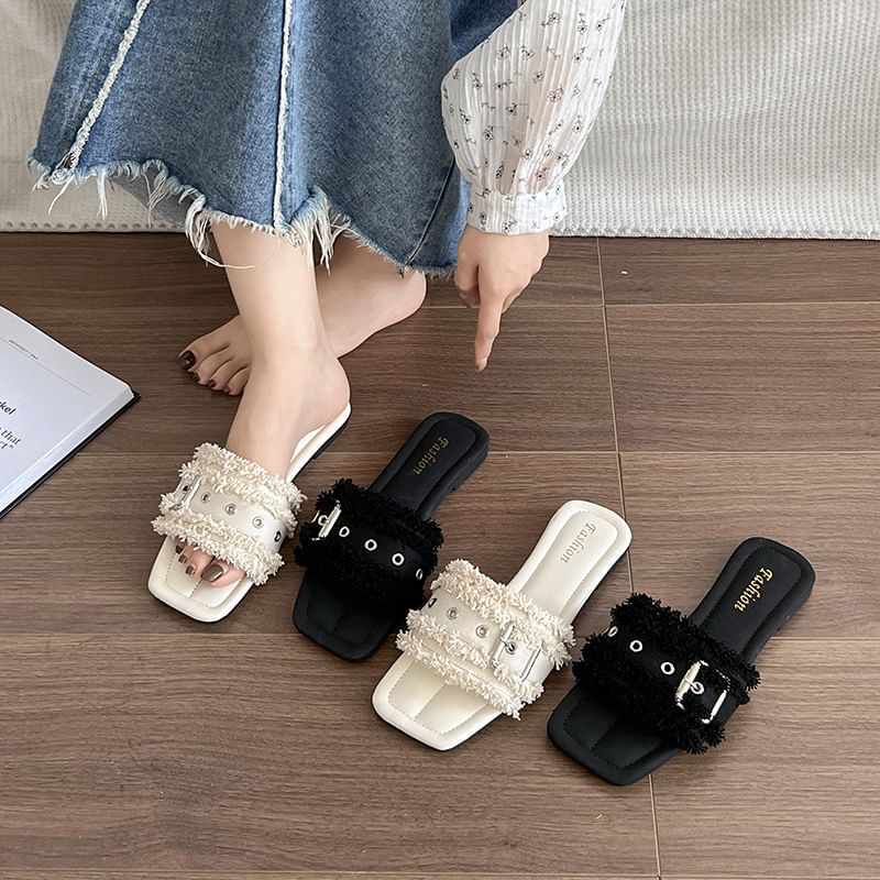 Slide Tasseled Square-Toe Buckled Sandals