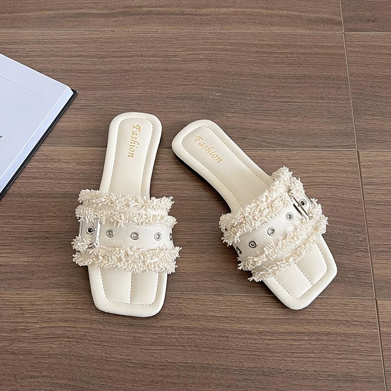 Slide Tasseled Square-Toe Buckled Sandals
