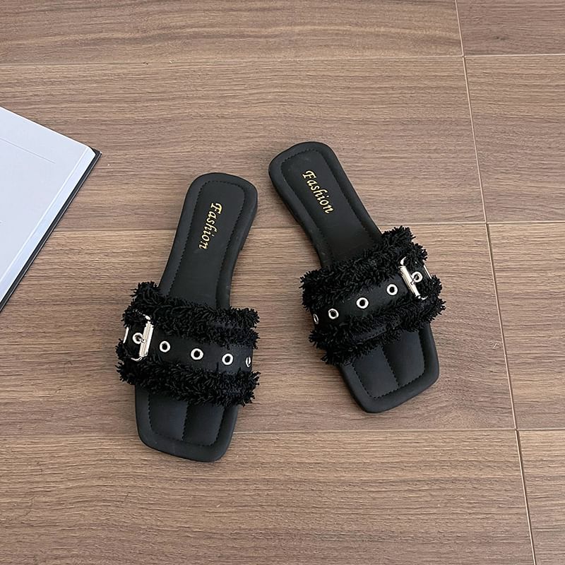 Slide Tasseled Square-Toe Buckled Sandals