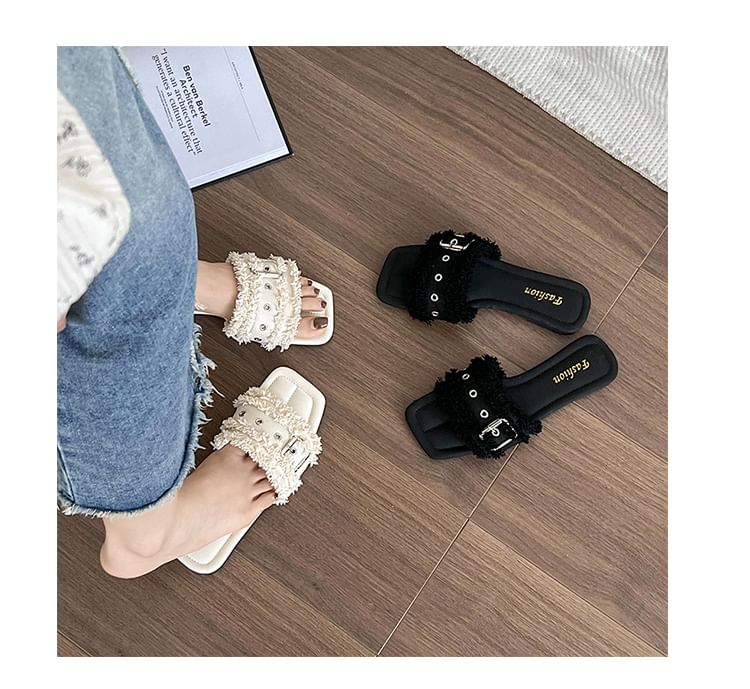 Slide Tasseled Square-Toe Buckled Sandals