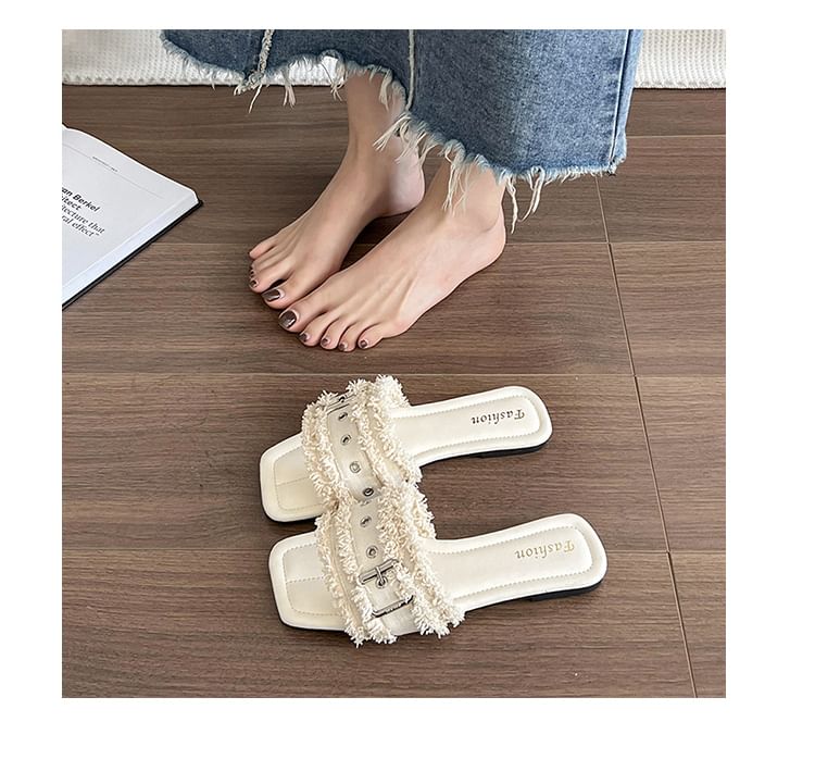 Slide Tasseled Square-Toe Buckled Sandals