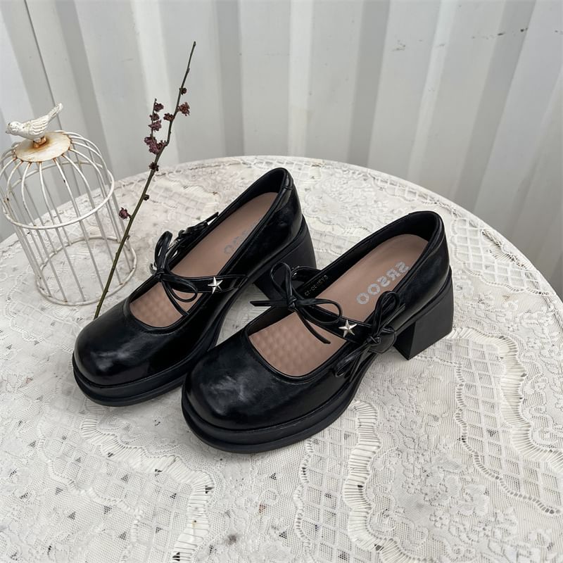 Chunky Jane Bow Mary Heel Shoes