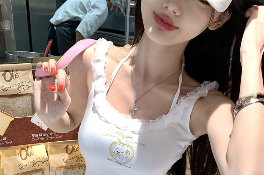 Crop Cartoon Lace Top Cami Trim Print