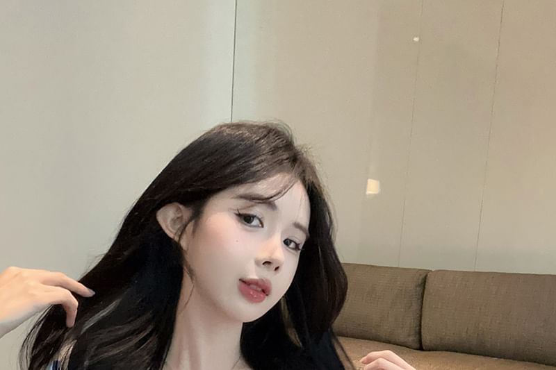 Square Fit Bow T-Shirt Trim Slim Lace Short-Sleeve Crop Neck