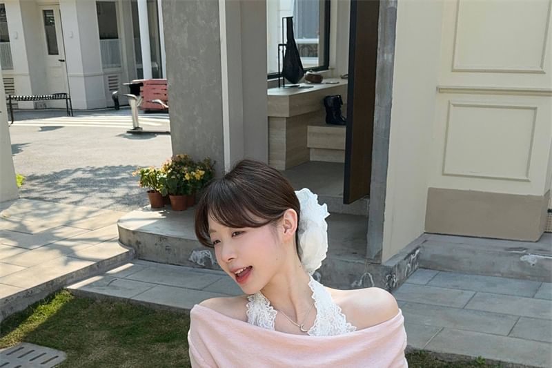 Mock Lace Panel Fit Slim Halter Tee Long-Sleeve Two-Piece