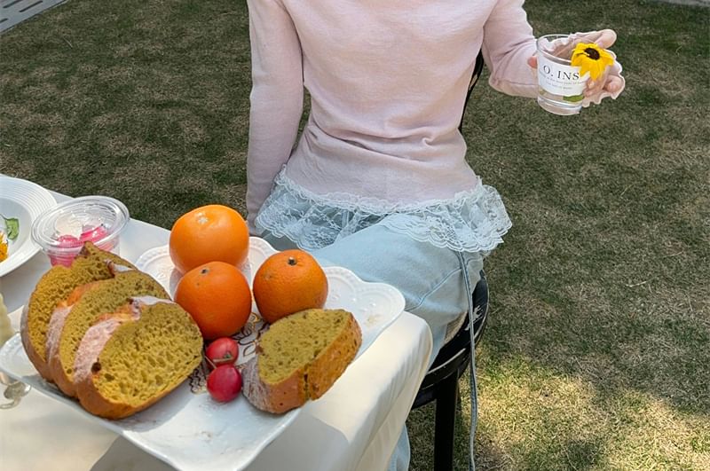 Mock Lace Panel Fit Slim Halter Tee Long-Sleeve Two-Piece