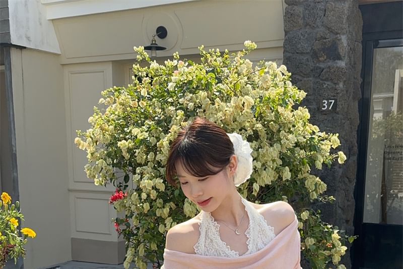 Mock Lace Panel Fit Slim Halter Tee Long-Sleeve Two-Piece