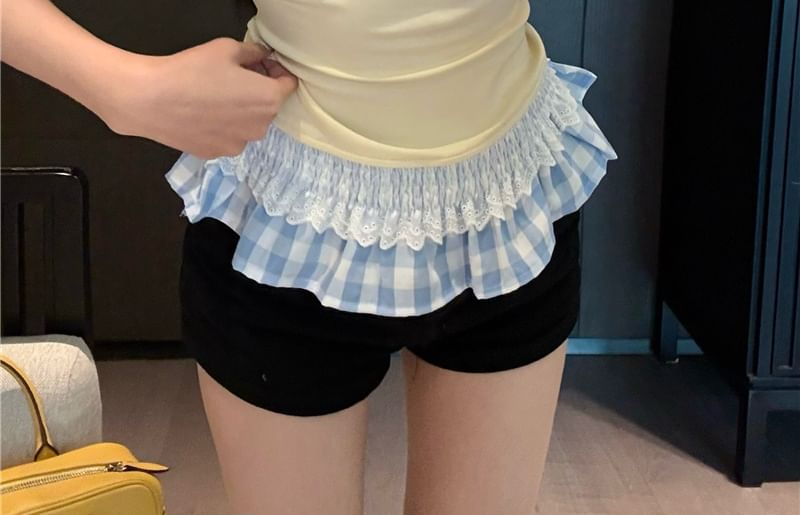 Fit Neck Mock Trim Ruffle Scoop Slim Panel Plaid Short-Sleeve T-Shirt Two-Piece