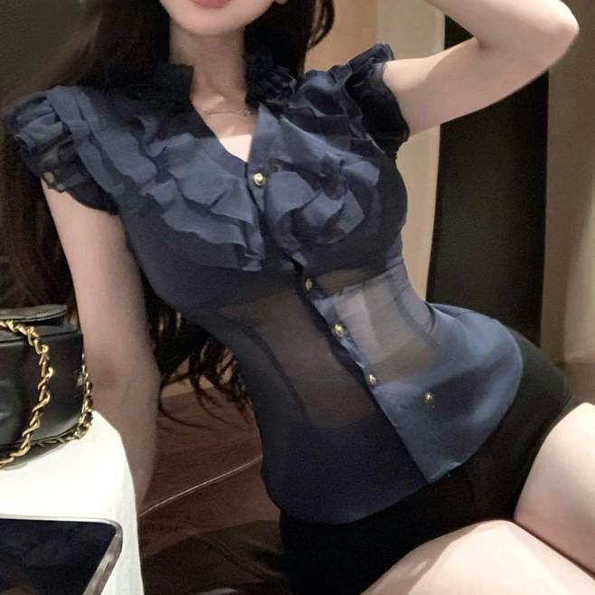 Slim Blouse Plain Fit Ruffle Trim Cap-Sleeve