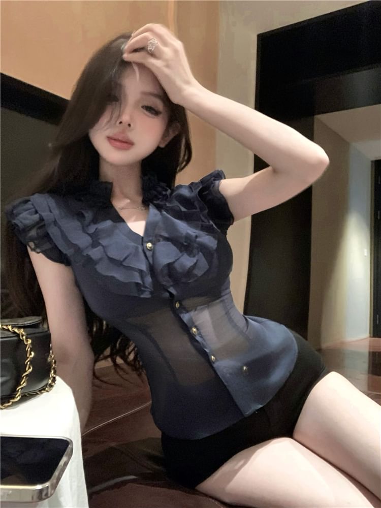 Slim Blouse Plain Fit Ruffle Trim Cap-Sleeve