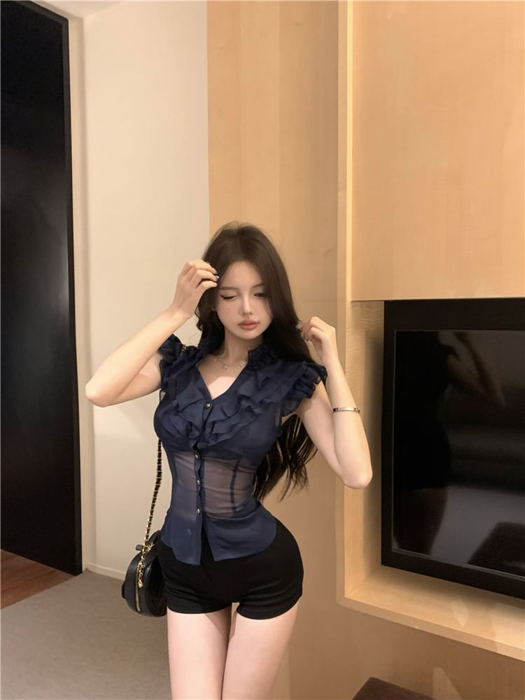 Slim Blouse Plain Fit Ruffle Trim Cap-Sleeve