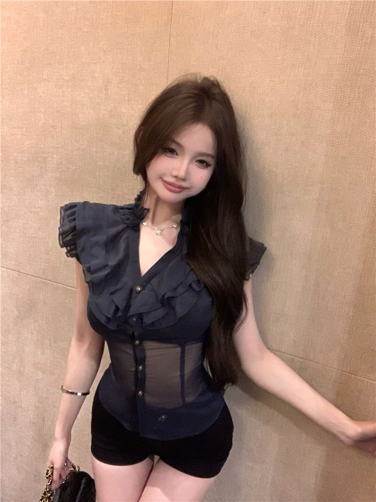 Slim Blouse Plain Fit Ruffle Trim Cap-Sleeve