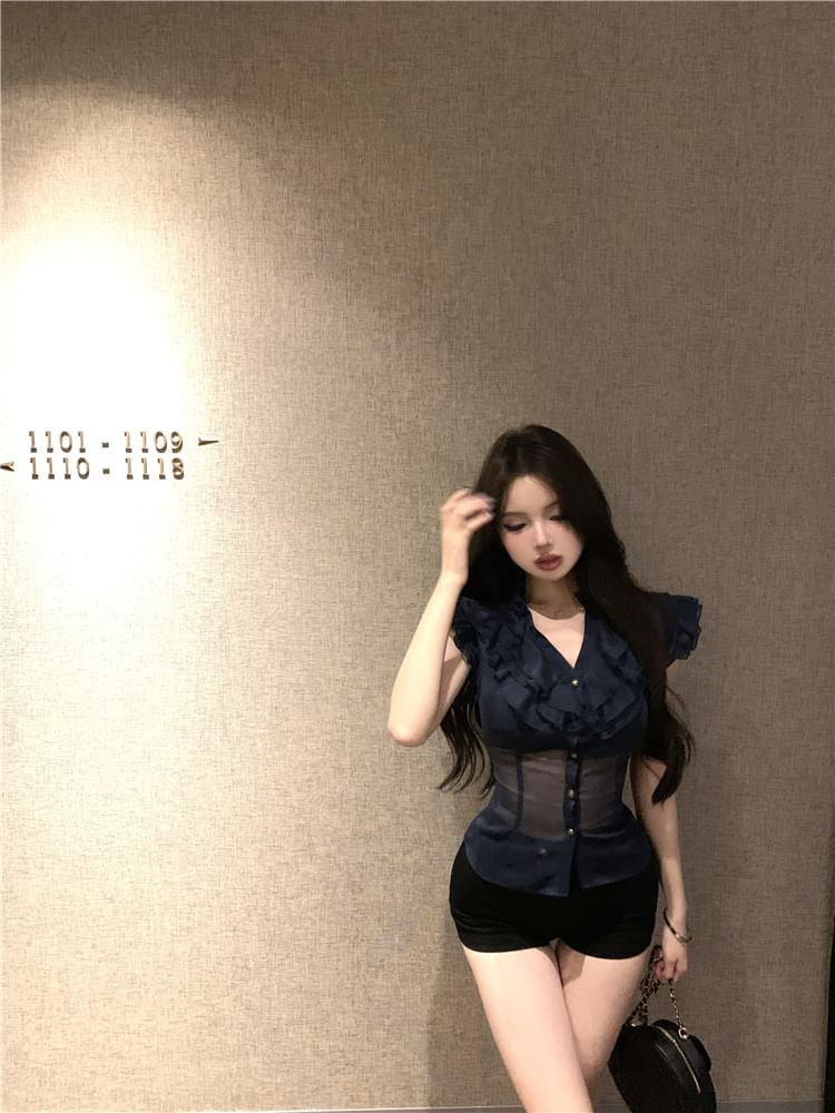 Slim Blouse Plain Fit Ruffle Trim Cap-Sleeve