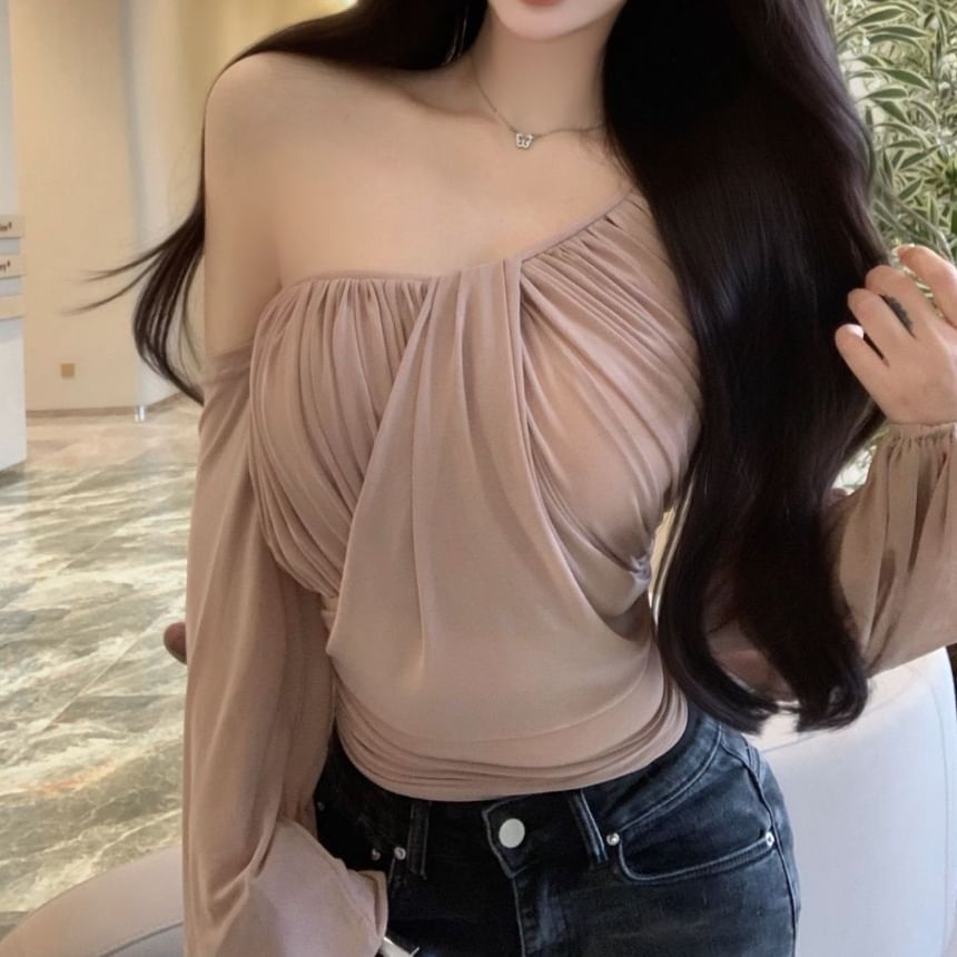 Long-Sleeve Asymmetrical Blouse Plain Ruched Off-Shoulder Neck