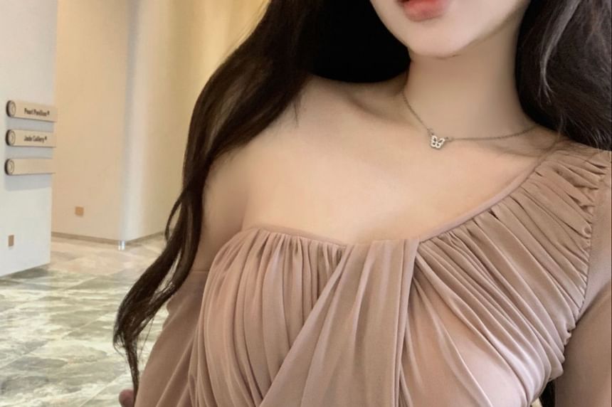 Long-Sleeve Asymmetrical Blouse Plain Ruched Off-Shoulder Neck